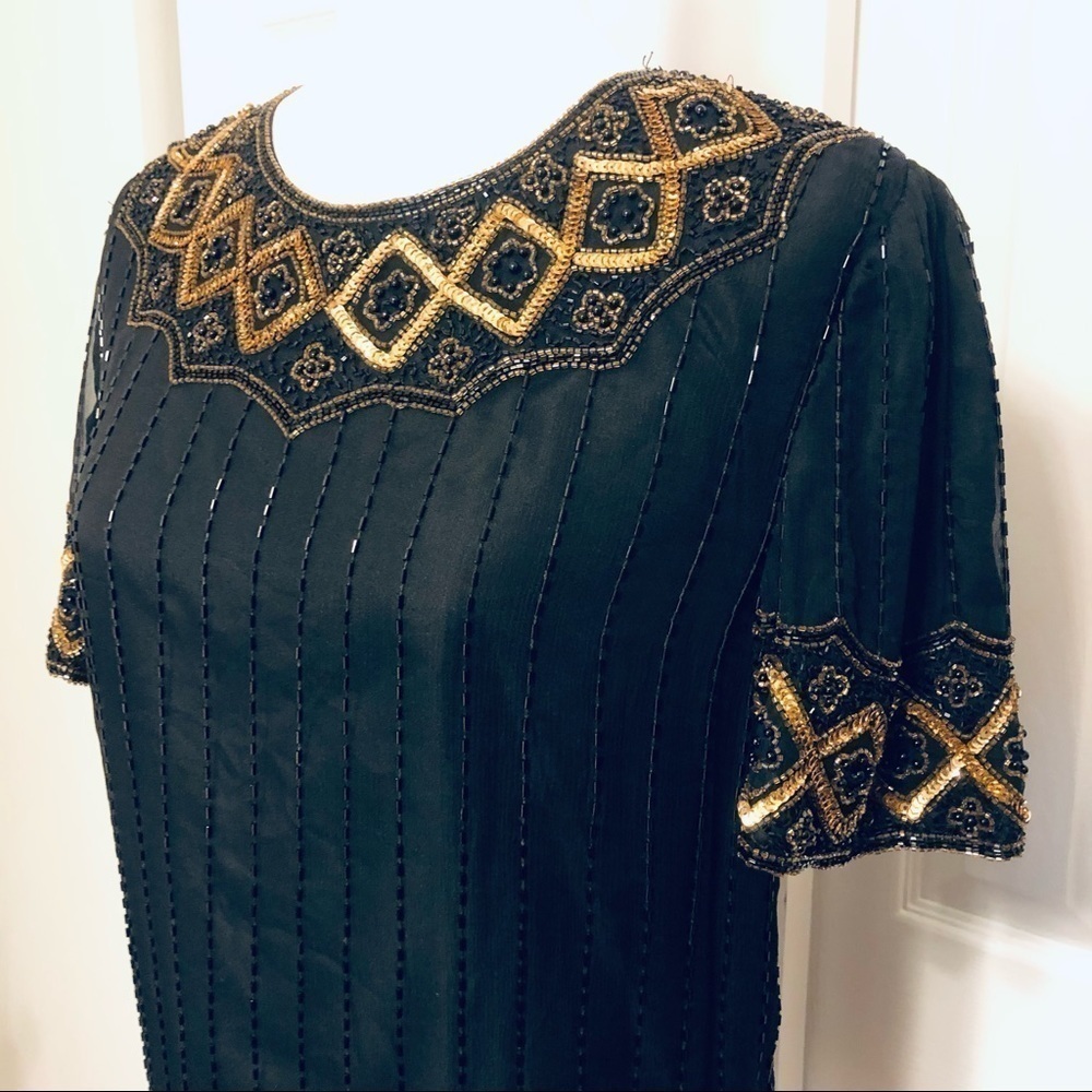 VINTAGE handmade black gold beaded top